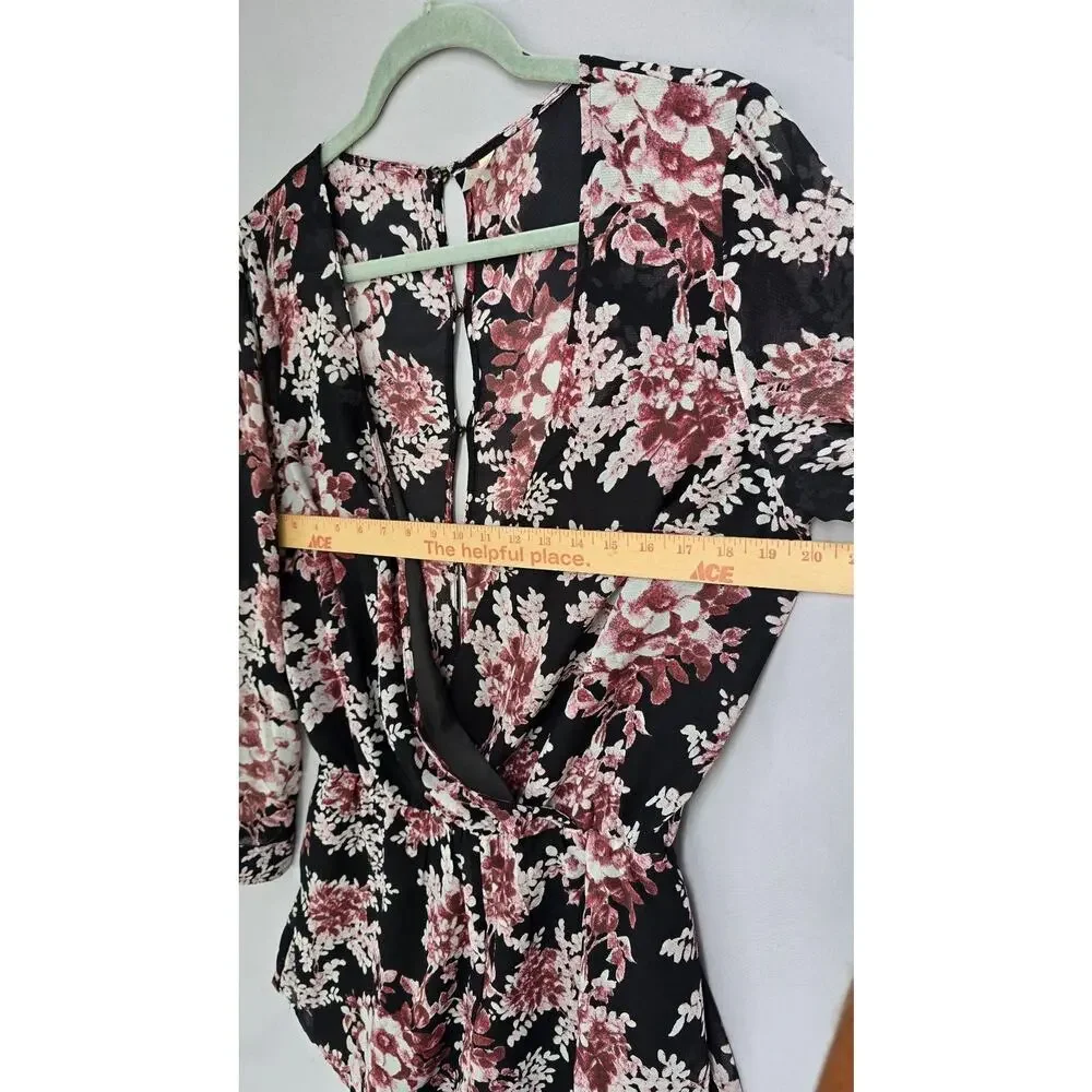Free People Romper Womens Medium Black Floral Sheer Wrap Long Sleeve Buttons